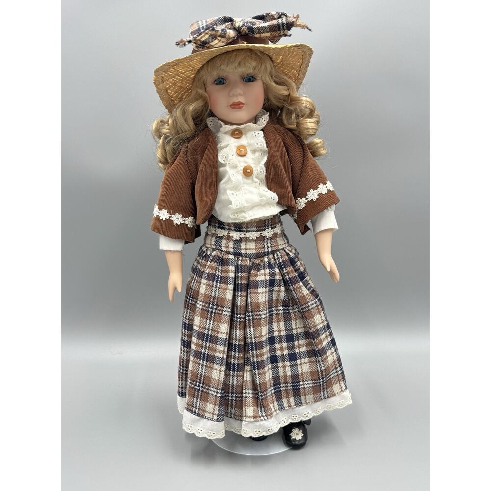 Vintage Wimbledon Collection Porcelain Doll Blonde Dress Blue Eyes Hat Curls
